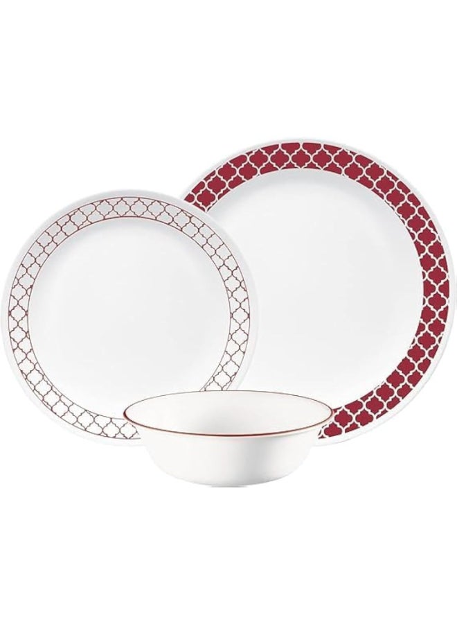 Corelle Crimson Trellis 12-Piece Dinnerware Set, Vitrelle Glass, Chips & Crack Resistant, Lightweight & Stackable, Dishwasher & Microwave Safe, Service for 4, Includes 4 Dinner Plates, 4 Side Plates & 4 Soup/Cereal Bowls - Image 1